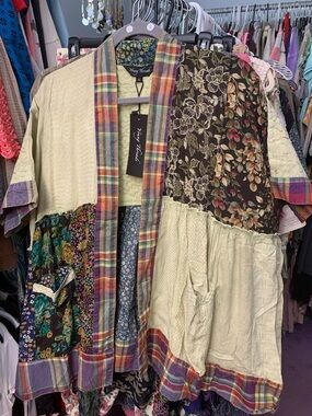 Oversized patchwork pocket open front kimono